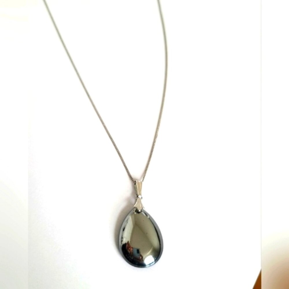 Sterling Silver Terahertz Wave Chunky Gemstone Tear Drop Pendant Chain Necklace